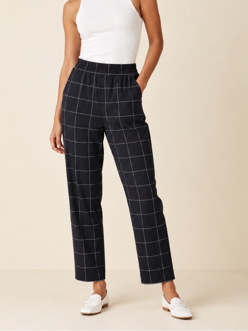 A New Day Windowpane Plaid Pull-On Ankle Black White Trousers size Medium